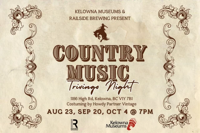 Giddy up, Kelowna! The Kelowna Museums gang is takin’ over Country Music Trivingo Night at @RailsideBrewingKelowna in honour of our Ranching & Rodeos in the Okanagan exhibit. What’s Country Music Trivingo you ask? Its the sweet mixture of trivia meets bingo with a western twist. Imagine good tunes, cold brews, and a whole lotta fun!

– $20 gets you in the door and your first 16oz beer, cider or seltzer
– 7–9pm
– August 23, September 20, October 4

Kick up your boots and get ready for some history, beer, and bingo, cowboy-style!

For any inquiries please reach out to education@kelownamuseums.ca.

Visit the link in our profile for tickets!
.
.
.
#CountryMusic #Country #MusicLovers #TriviaNight #TriviaFun #NightOut #Ranching #Rodeos #ExploreKelowna #TourismKelowna #YLW